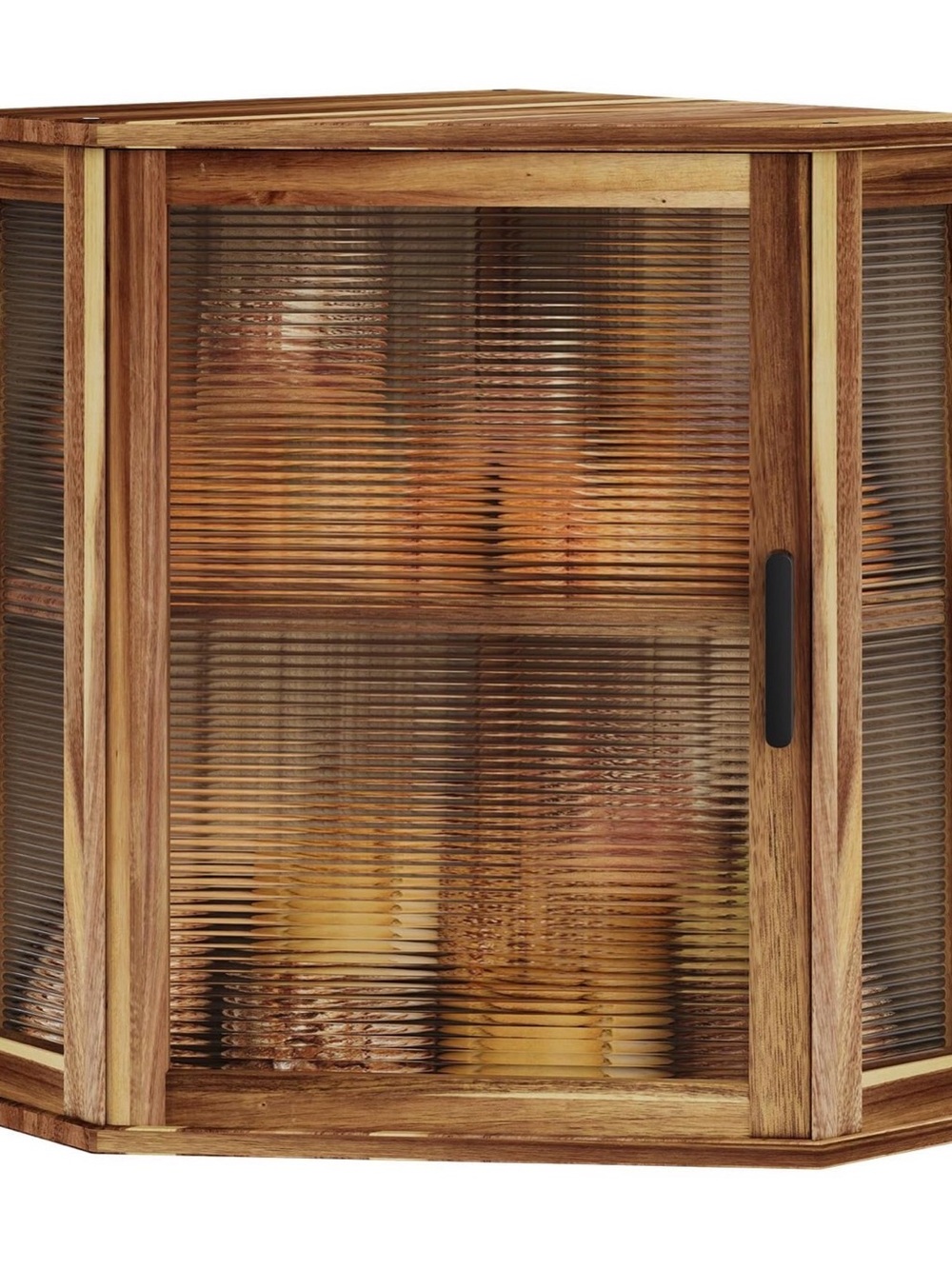 Wood Tone Corner Cabinet with Ribbed Glass Door